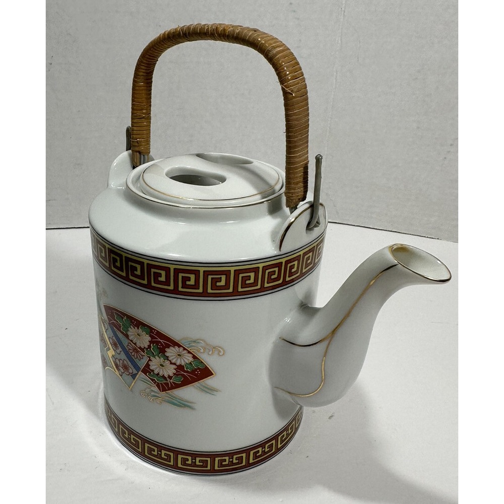 Vintage Japanese Teapot Tea Hand Painted‎ Ceramic with Rattan Handle